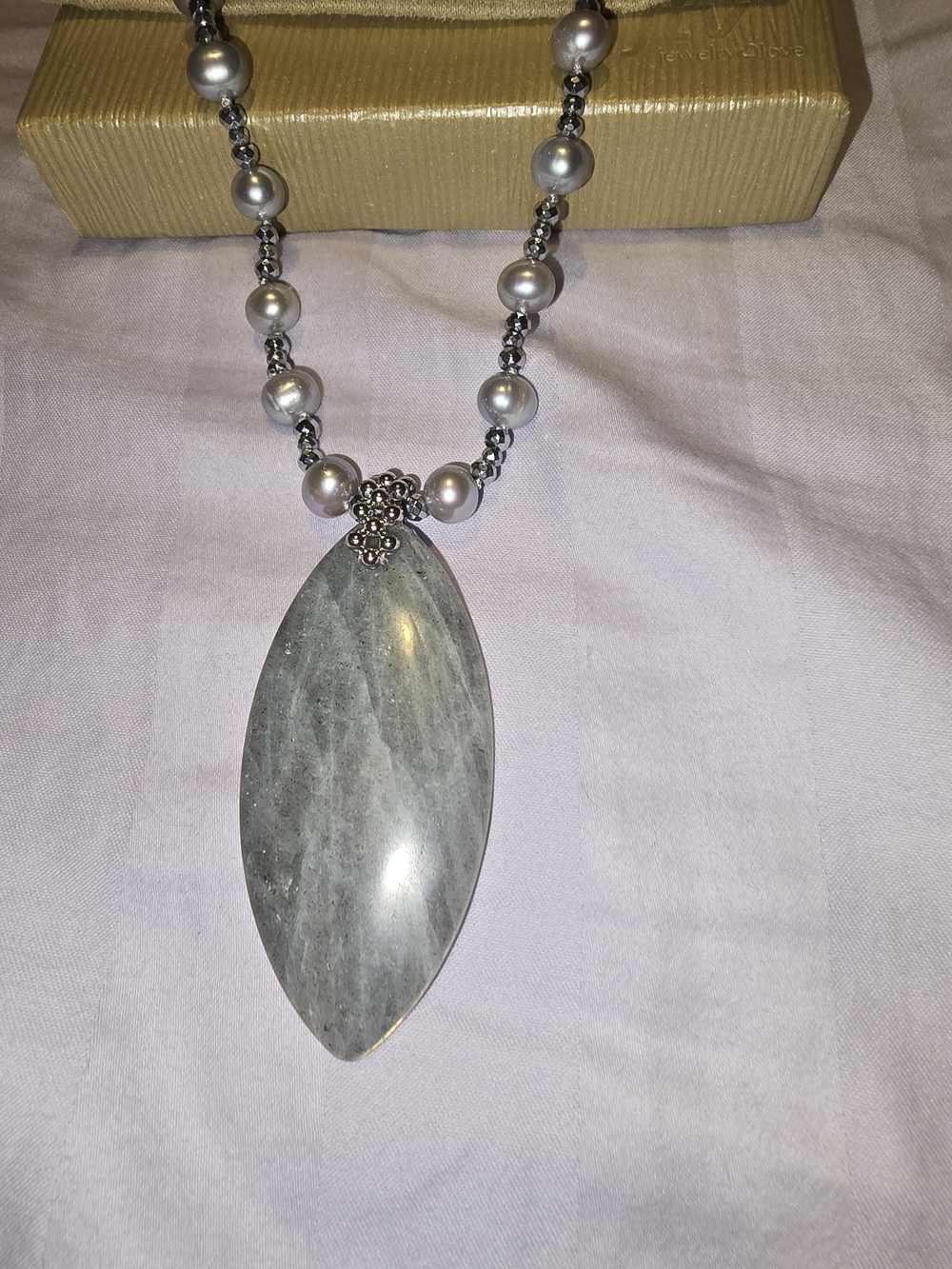 Silver Gray Pearl Necklace with Marquise Stone Pendant